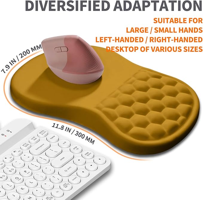 Ergonomic Joint Wrist Support Mouse Pad with Memory Foam Cushion Massage Bump, Carpal Tunnel Pain Relief Mousepad Slope Design for Wrist Rest, 11.8x7.9 in, Goldenrod