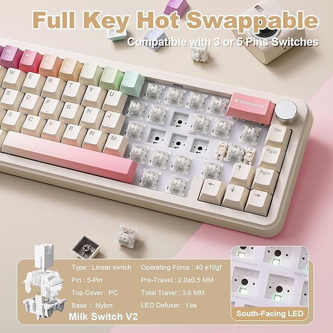 YUNZII B68 Wireless Mechanical Keyboard,Tri-Mode BT5.0/2.4GHz/USB-C,Cute PBT Keycaps,Hot Swappable Creamy Typing Gasket Mounted,RGB Backlit NKRO for Win/Mac (Beige, Milk V2 Switch)