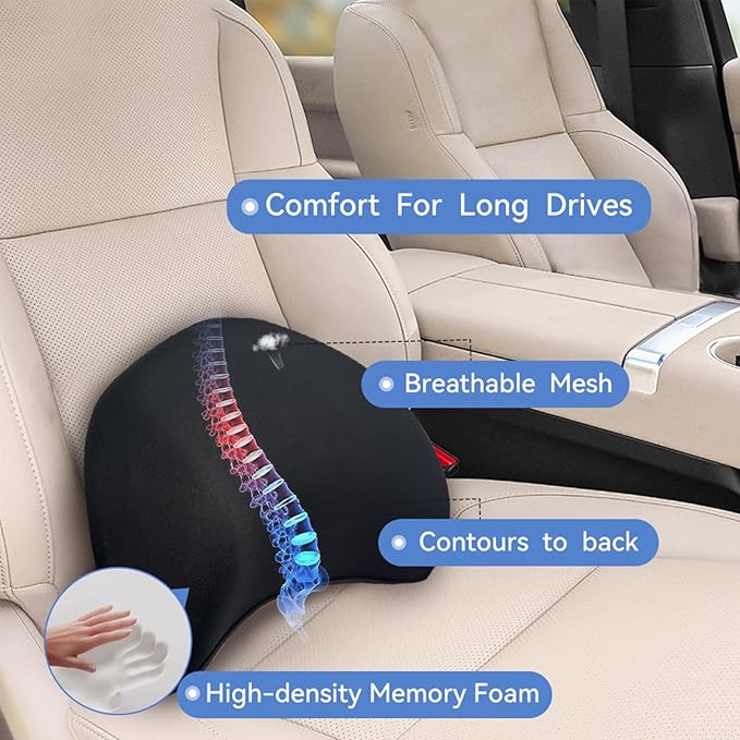 Really Supportive Lumbar Support Pillow for Car, 100% Memory Foam Lumbar Pillow with Breathable Removable Cover, Ergonomic Design - Back Pillow for Car Seat/Back Pain Relief(Timeless Black, 1PC)