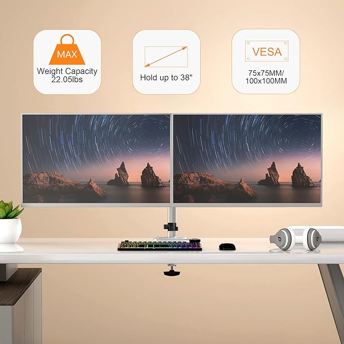Pholiten Dual Monitor Stand, Heavy Duty Adjustable Monitor Arm Desk Mount for 2 Screens up to 38Inches, Tilt, Swivel, Rotate, Supports Tilt, Swivel, Rotate, Supports 22 lbs per Arm,Silver