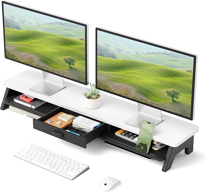 Dual Monitor Stand Riser,LED 2-Tier 39.3 Inch Computer Monitor Stand for 2 Monitors,Office Desktop Organizer with Storage Drawer and Phone Holder for Laptop,PC,Computer,Printer,White