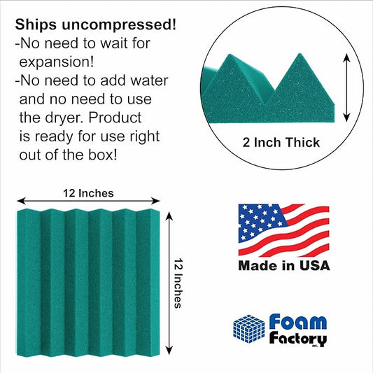 Foam Factory Inc 24 Pack Color Acoustic Foam Panel Studio Soundproofing Wedge Wall Tiles 12” X 12” X 2” (Teal)