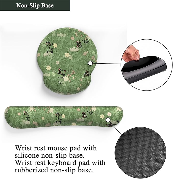 Cute Flower Mouse Pad Wrist Support Ergonomic Green Hide Out Cat, Keyboard Mouse Wrist Rest Non-Slip Gel Anime Kawaii 3D Mouse Pads Wrist Pad,Easy Typing,Pain Relief, Comfortable Computer Mouse Pad.