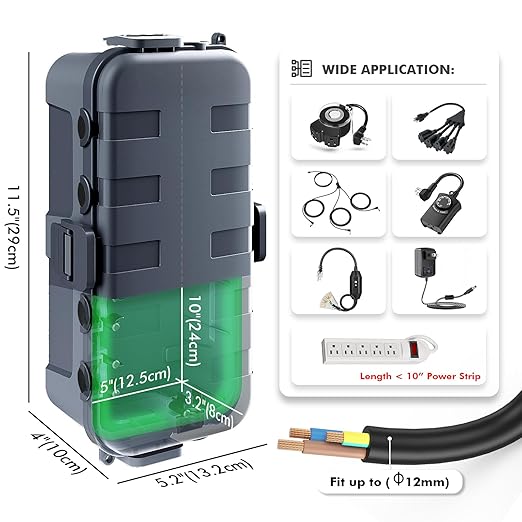 RESTMO Outdoor Electrical Box, IP54 Weatherproof Extension Cord Cover with 6 Cable Entry Ports, Waterproof Connection Box Protect Power Strip, Timer, Plug, Holiday Lights, (11.5x5.2x4 inch), Gray
