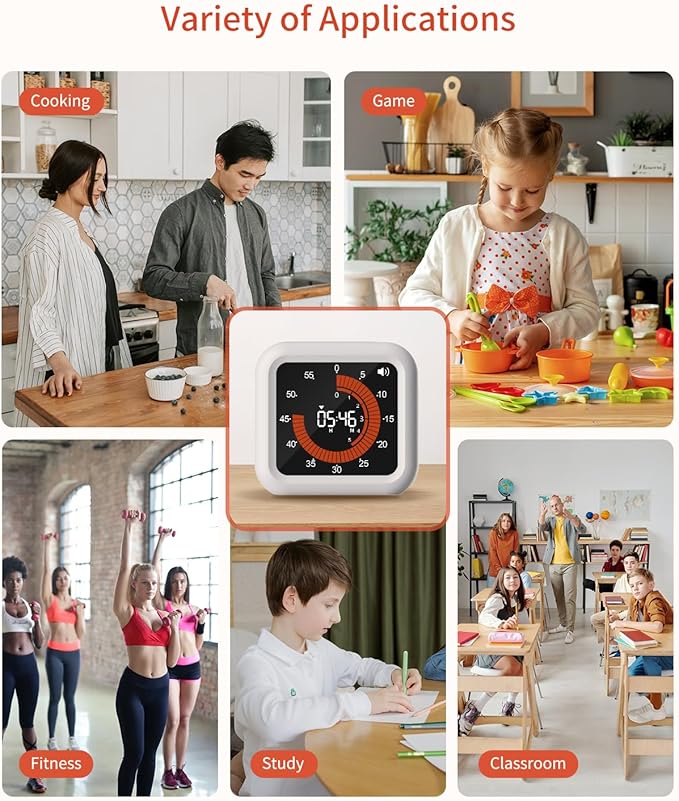 Digital Visual Timer - Max 11H 59M Rechargeable Countdown Timer with VA Display, Clear Digits, Adjustable Volume and Brightness, Magnetic Digital Timer for Kitchen, Classroom, Office (White)