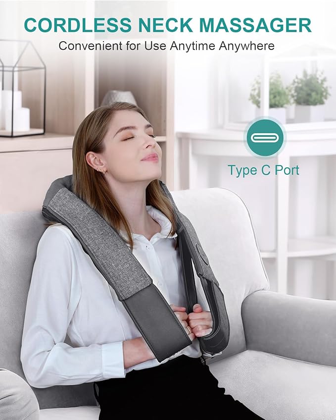 Nekteck Cordless Neck and Back Massager for Pain Relief Deep Tissue, Shiatsu Neck Massager with Heat, Portable Massage Pillow Tool for Shoulder Leg Muscle, Home Office Car Use, Gifts for Men Women Dad