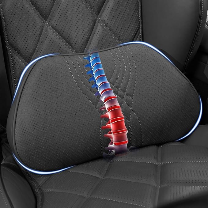 Lumbar Support Pillow for Car Seat, Office Chair Leather Memory Foam Lower Back Cushion for Back Pain Relief Improve Posture, Ergonomic Back Rest for Gaming Chair, Black, 1PC