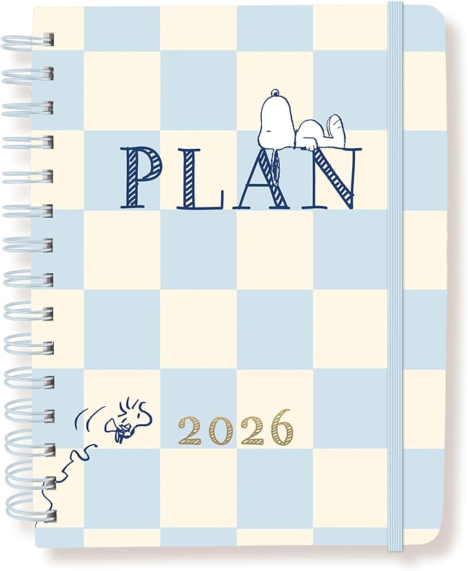18 Month Planner/Calendar by Graphique, July 2025 – Dec. 2026 Checkerd Peanuts Hardbound Spiral Planner, Monthly Tabs, Holidays, Reminder Stickers, 6” x 8”