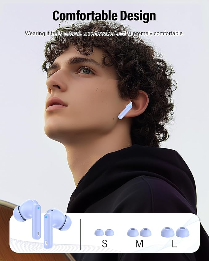 Wireless Earbuds, Bluetooth 5.4 Headphones Bass Stereo, Ear Buds with Noise Cancelling Mic, IP7 Waterproof in Ear Earphones, 36H LED Display Bluetooth Earbuds for Laptop Pad Phones Sports, Pale Blue