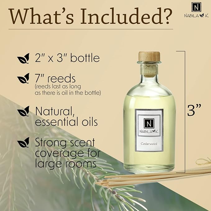 Nabila K Cedarwood Reed Diffuser Set – Warm Woodsy Aromatic Oil for Home – Long-Lasting, Smokeless Scent – Made in USA – Includes Reeds + Bottle – Flameless Candle Alternative