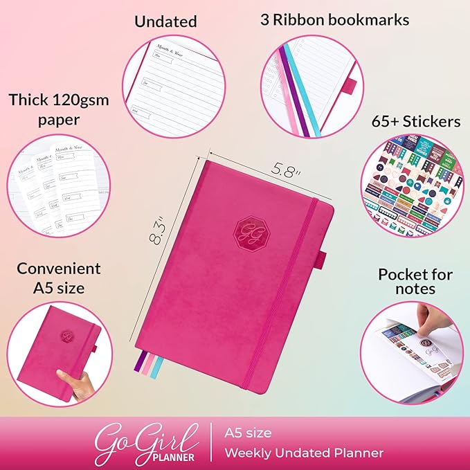 GoGirl Planner and Organizer for Women – A5 Size Weekly Planner, Goals Journal & Agenda to Improve Time Management, Productivity & Live Happier. Undated – Start Anytime, Lasts 1 Year – Hot Pink