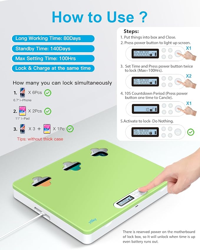 ySky Timer Lock Box for iPad iPhone,Portable Phone Lock Box for Tablets,Folded Phone,Controller,TV remotes, Phone Locker to Help Kids Reduce Screen Time Focus to Achieve Goals(Green)