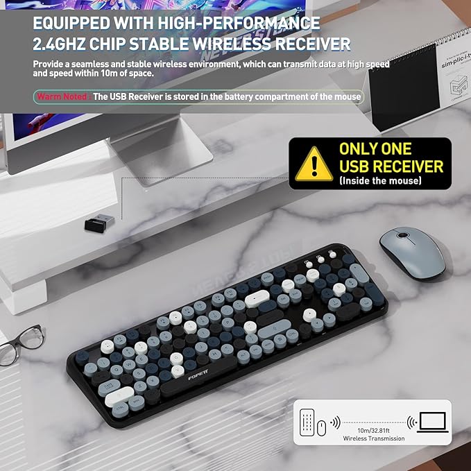 Keyboard and Mouse Wireless,Cute Retro Wireless Keyboard Mouse Combo with Round Key,2.4Ghz Dropout-Free Connection,Typewriter Keyboard Mouse Set for PC Laptop Desktop Computer-Grey Colorful