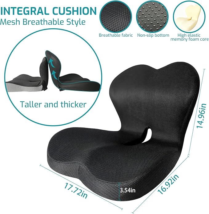Memory Foam Seat Cushion,Office Chair Cushion with Lumbar Support for Back Pressure Relief, Car Seat Cushion with Adjustable Strap,Sciatica Pad Cushions for Car,Truck, Desk (C-Black+Mesh Cloth)