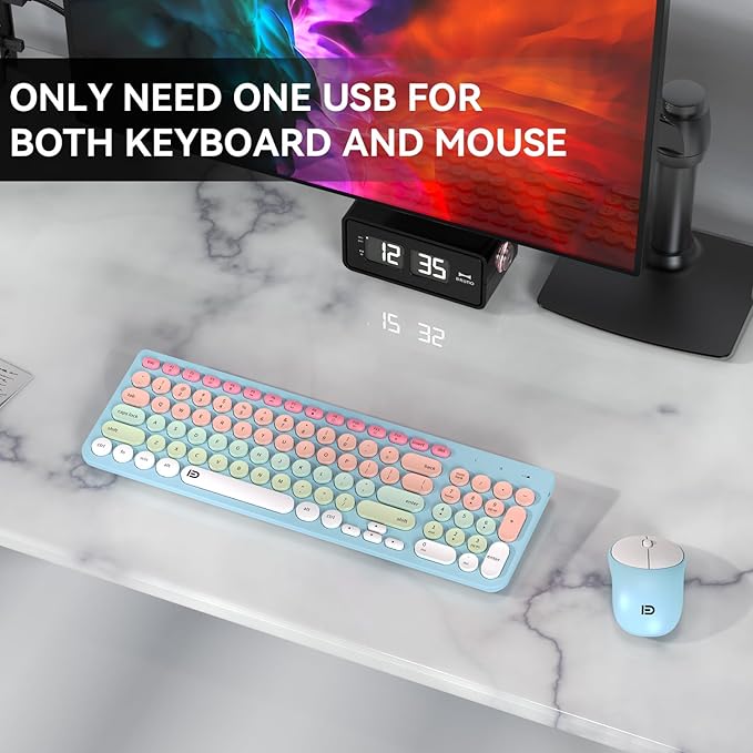 Wireless Keyboards Mouse Combos, Colorful Cute Typewriter Full-Size Retro Round Keyboard, 2.4GHz Sleep Mode Office Quiet Wireless Creamy Keyboard and Mouse Set for Desktop Laptop PC Computer-Blue