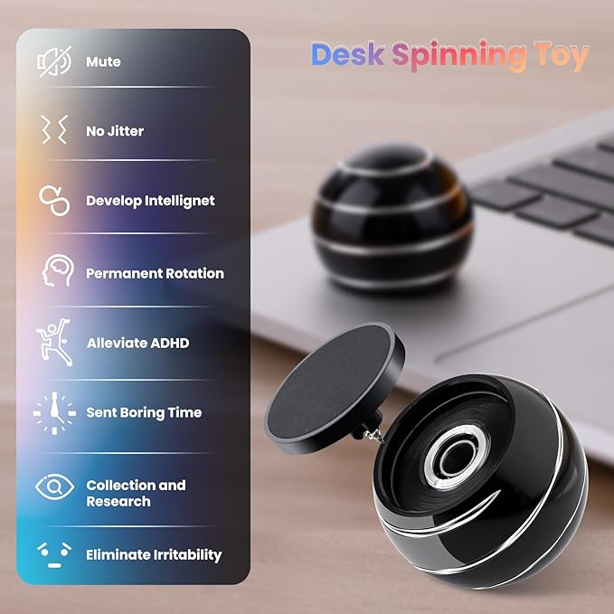 Fidget Spinner Desktop Toys - Kinetic Spinning Ball for Anxiety & ADHD Relief, Optical Illusion Fidget Toys for Adults, Kids, Parents & Friends, Metal Fidgets for Office & Home (1.54in Black)