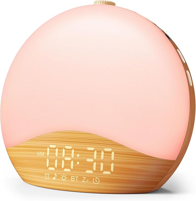 ecozy Wood Grain Sunrise Alarm Clock, White Noise Sound Machine, Music-Sync Lights, Upgraded Backlit Buttons for Bedrooms, 26 Soothing Sounds, 17 Night Lights, Wake Up Light for Heavy Sleepers