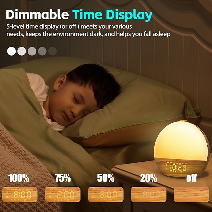 Wood Grain White Noise Sound Machine Sunrise Alarm Clock with 25 Soothing Sounds, 17 Dimmable Night Lights, Bluetooth Speaker Wake Up Light alarm clocks for bedrooms, Heavy Sleepers, Baby, Kids