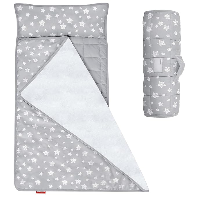 Toddler Nap Mat 2 Pack, Nap Mat for Kids Preschool, Daycare and Fleece Minky Blanket, Lightweight, Soft, Gray and Navy