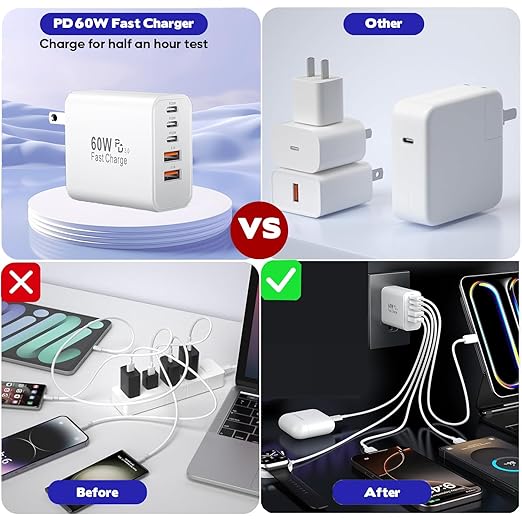 iPhone 17/16 Fast Charger Block,2 Pack 60W USB Charging Block 5-Port Charge Adapter for Apple iPhone Charger with 6FT USB C Woven Fast Charging Cable for iPhone17/16e/16Pro/15ProMax, iPad Pro/Air/Mini