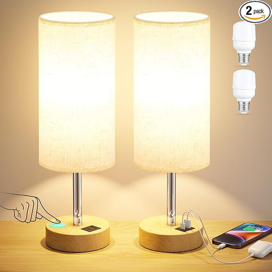 Touch Bedside Lamps Set of 2-3 Way Dimmable Table Lamps for Bedroom, Nightstand Lamp with Wooden Charging Station for Kids Room Dorm, Small Desk Lamp for Living Room, Office, Kids Room, Nursery