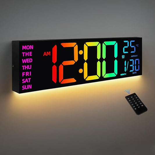 8 Colors Digital Wall Clock, 16.2" Large Digital Clock with Temperature, Date, Auto DST, Night Light, Auto Brightness Dimmer, 24/12-hour Wall Clock for Living Room Office Classroom Gym