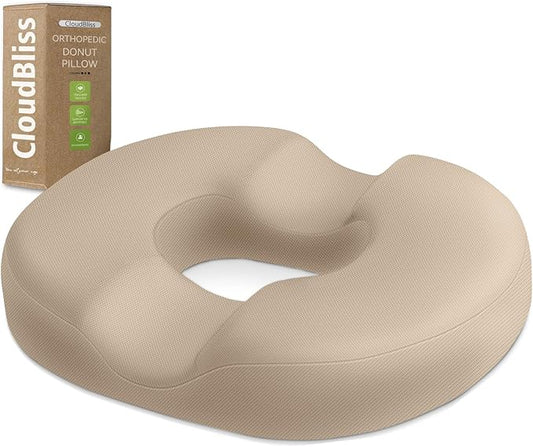 CloudBliss Donut Pillow Seat Cushion Chair Pad for Tailbone Pain Relief and Hemorrhoids, Memory Foam Seat Chair Cushion for Men and Women for Home & Office, (Khaki-2XL)