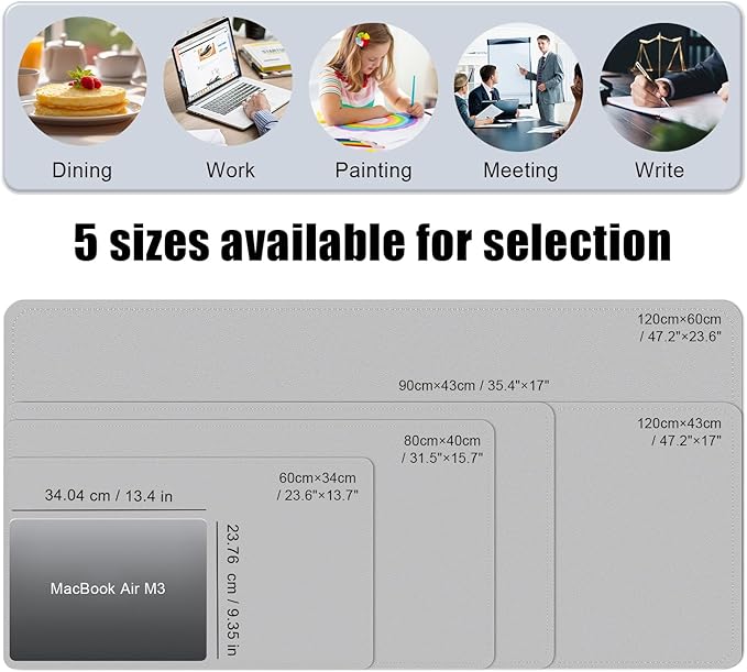 BLESWIN Large Desk Pad, 47.2'' x 23.6'', Office Desk Mat, Computer Mat for Desk, Leather Desk Pad Protector, Sewing Desk Blotter, Desktop Writing Pad for Office/Home/Decor Light Grey