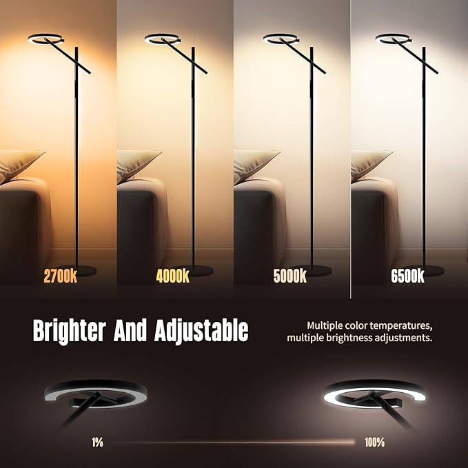 GLOWRIUM-H1B Light Therapy Lamp 12000 Lux, LED UV-Free Sun Lamp, Full Spectrum Happy Natural Mood Therapy Light, Stepless Dimmable Modern Sunlight Floor Light with Remote and Timer