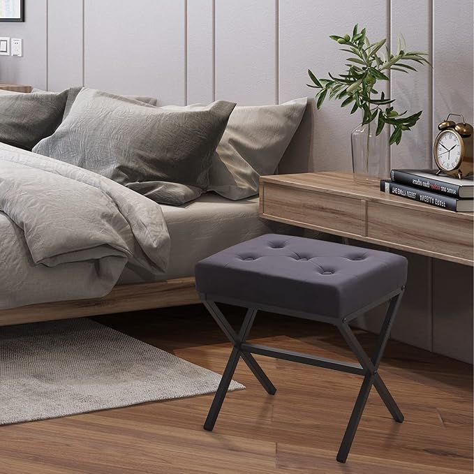 Wimarsbon Ottoman Foot Stool Tufted Vanity Stool Ottomans Thickened Cushion Footstool Mulifunctional Shoe Changing Seat Step Stools with Metal X Leg for Living Room Bedroom Velvet Black