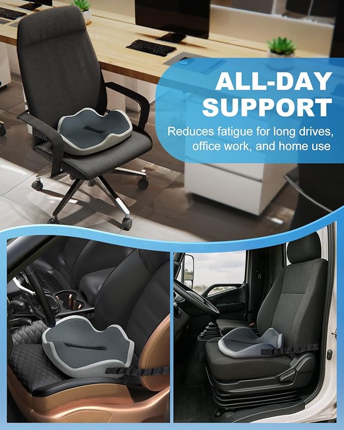 Memory Foam Truck Seat Cushion with TPE Gel Support, Truck Seat Cushion with Non-Slip Washable Cover for Back Support & Pain Relief During Long Drives(Gray&Dark Gray)