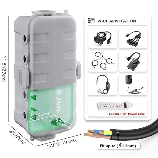 RESTMO Outdoor Electrical Box, IP54 Weatherproof Extension Cord Cover with 6 Cable Entry Ports, Waterproof Connection Box Protect Power Strip, Timer, Plug (11.5x5.2x4 inch), Light Gray