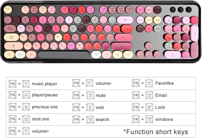 Letton USB Retro Typewriter Keyboard, Wireless Full Size with 104 Colorful Round Key and Cute Mouse with 3 DPI, 2.4GHz for Office Computer Laptop Mac PC-Black