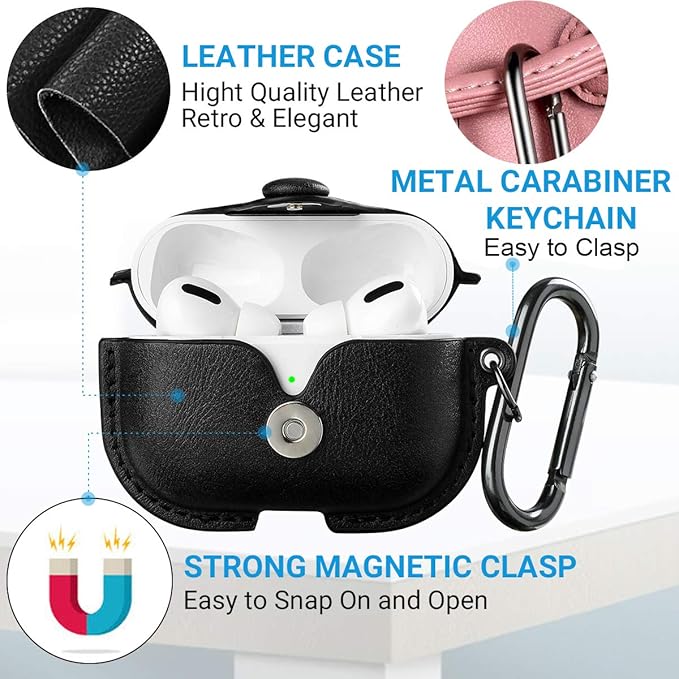 Maxjoy for AirPods Pro 2 Case Leather, Airpods Pro Leather Case Cover with Keychain Airpod Strap Compatible with Apple Airpod Pros 2nd Generation 2023 2022/AirPods Pros 2019 (Front LED Visible), Black