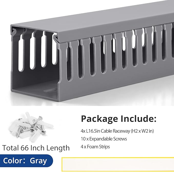 ZhiYo 66in(4X L16.5in) Professional Server Rack Cable Management Raceway, H2in x W2in Cable Raceway Kit, Electrically Safe PVC Open Slot Wire Raceway for Under Desk/Computer/Network Cords, Grey
