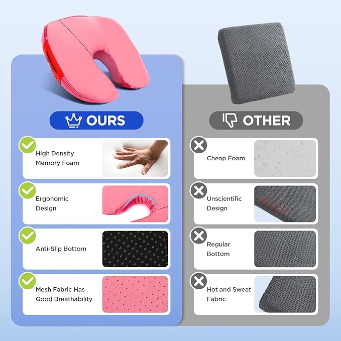 Seat Cushion for Office Chair – Memory Foam Car Seat Cushion for Sciatica, Tailbone, Back & Hemorrhoid Pain Relief U-Shaped Ergonomic High-Density Breathable Foam with Non-Slip Base (Pink)