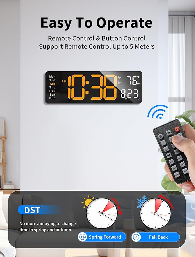 MASHI Digital Wall Clock, 16" Large Display Digital Clock with Remote Control, Auto-Dimming Wall Clock with Night Light, DST, Date Week,Temp for Living Room, Bedroom, Decor, Gift for Elderly