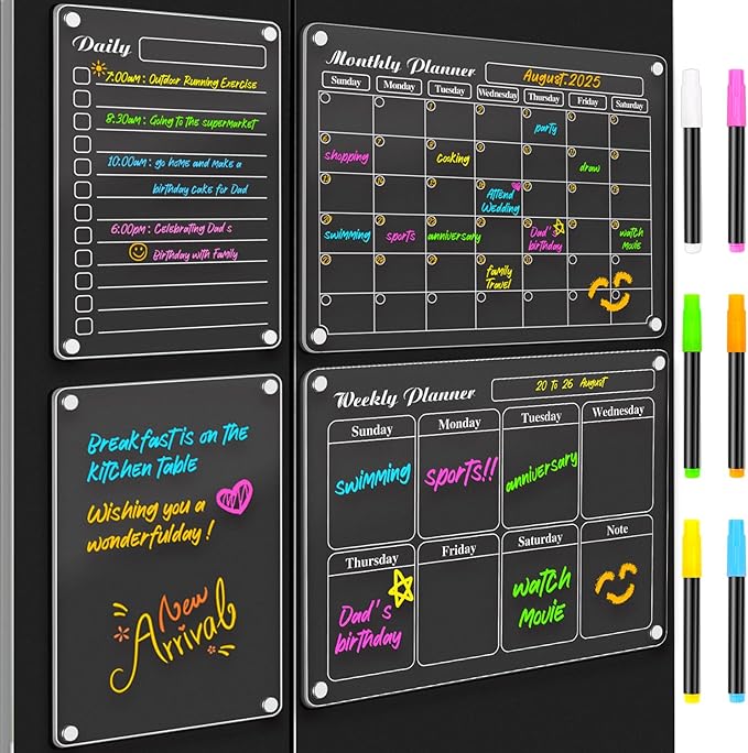 DIYMAG Planning Pads 4Pack Acrylic Magnetic Dry Erase Calendar for Fridge, Clear Skylight Calendar Set 2025 Magnetic Weekly Monthly Daily Memo Planner Board for Refrigerator with 6 Colors Markers