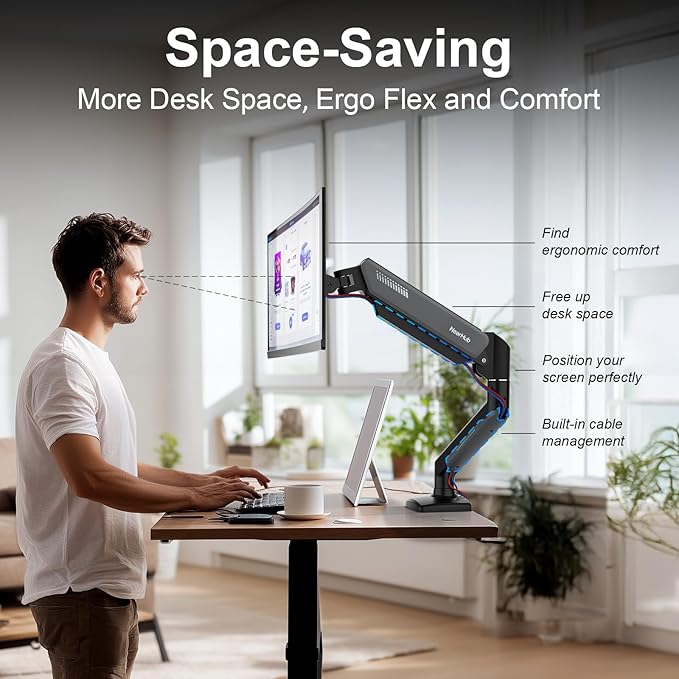 Single Monitor Mount Arm for 13-32" Up 22 lbs Screens | VESA 75x75/100x100 | Clamp/Grommet Base | Cable Management | Space Saving Desk Setup,180° Swivel, Tilt +90° to -45°, 360°Rotation