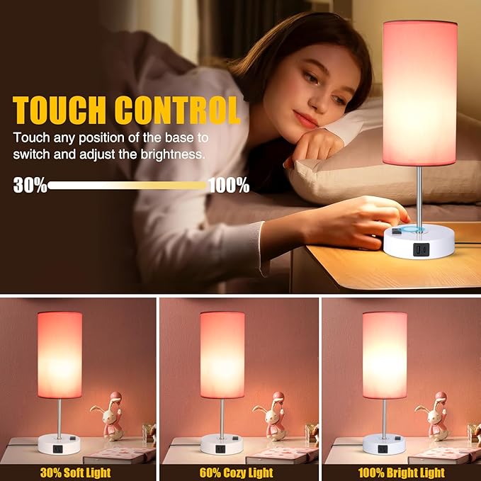 Table Lamp with USB Port - Desk Lamp Touch Lamp Bedside Lamps for Bedroom, 3 Way Dimmable Small Lamps for Living Room, Nightstand, Nursery, Dorm, Home, Office, White Base+ Pink Lampshade