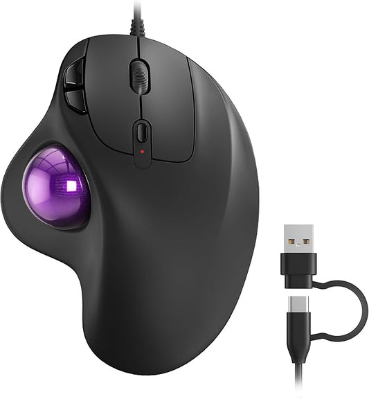 Nulea M509 Trackball Mouse Wired, Ergonomic Design, Easy Thumb Control, Precise & Smooth Tracking, 2-in-1 Interface (Type A &Type C), Compatible for PC, Laptop, Mac, Window(Purple).