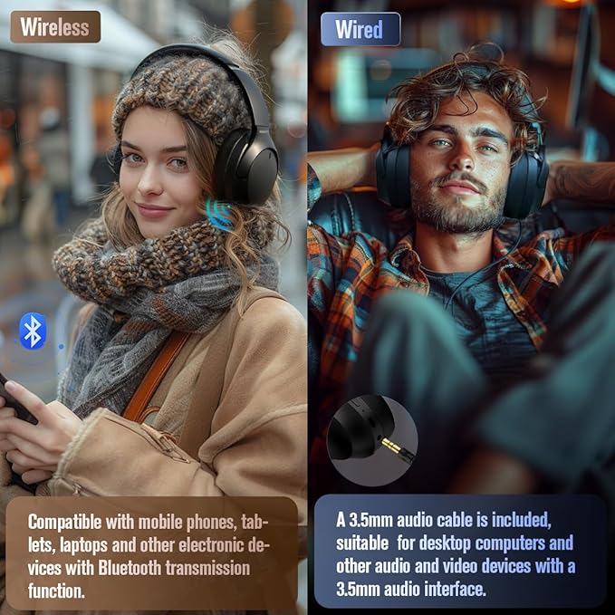 Active Noise Cancelling Bluetooth Over Ear Headphones, Foldable and Rotatable Wireless Wired ANC Headphones with Microphone for Cell Phone,Laptop, 150 Hours Playtime, Bluetooth 5.3v