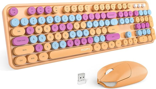 MOFII Wireless Keyboard and Mouse Combo, Retro Keyboard with Round Keycaps, 2.4GHz Dropout-Free Connection, Cute USB Mouse for PC/Laptop/Windows XP/7/8/10 (Orange-Colorful)