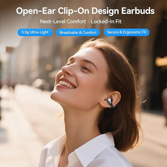 NANK Ultra Clip On Earbuds, Wireless Bluetooth 5.4 Wireless Open Ear Clip-on Headphones, Adaptive Comfort & Secure Fit, AI Noise Cancelling Calls, 24H Playtime, IPX5 Waterproof for Workdays Sports