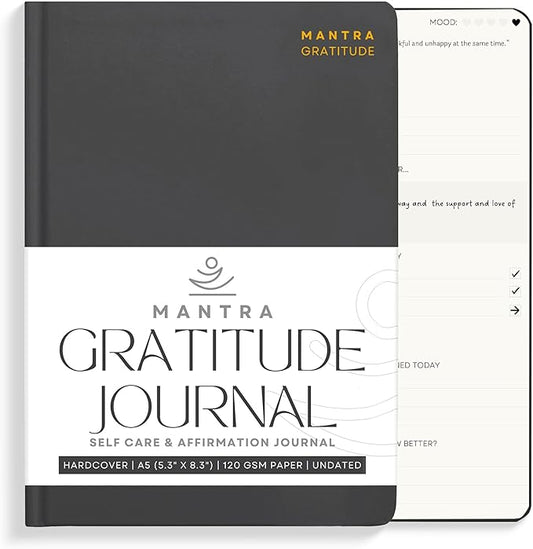 Gratitude Journal For Women & Men - Mental Health, Self Love & Self Care Journal - Black - 5.8" x 8.3" - Mantra Planner