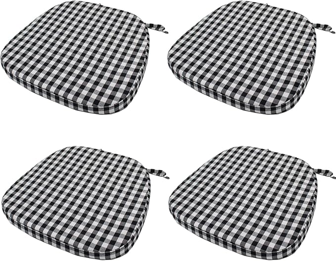 Collection Chair Cushion Memory Foam Pads with Ties - Kitchen Non Skid Rubber Back U Cushions with Machine Washable Cover (Small Black White,4)