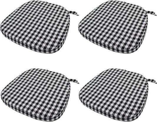 Collection Chair Cushion Memory Foam Pads with Ties - Kitchen Non Skid Rubber Back U Cushions with Machine Washable Cover (Small Black White,4)