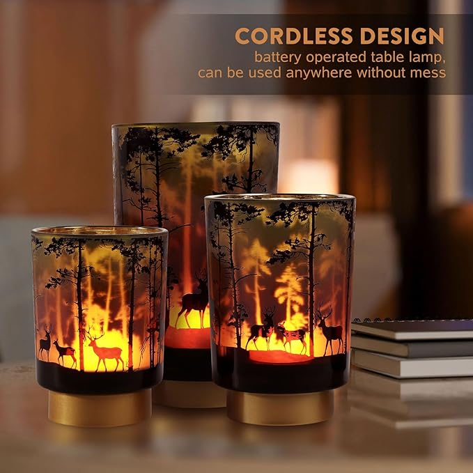 Eywamage Battery Operated Table Lamp with Remote, Forest Deer Cordless Glass Lamp for Bedroom Living Room Kitchen