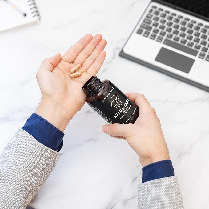 ACEWORKZ 10 Mushroom Complex Supplement - Lion’s Mane, Reishi, Cordyceps & More - Brain Health, Memory & Focus Nootropic - Energy & Immune Support (90 Capsules)