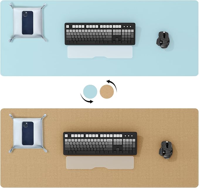 DAWNTREES Dual Sided Desk Mat,Leather Desk Pad,40"x16",Cork Desk Mat Protector,with PU Leather Valet Tray Organizer,Large Mouse Pad,Desk Writing Pad for Office and Home(Light Blue)